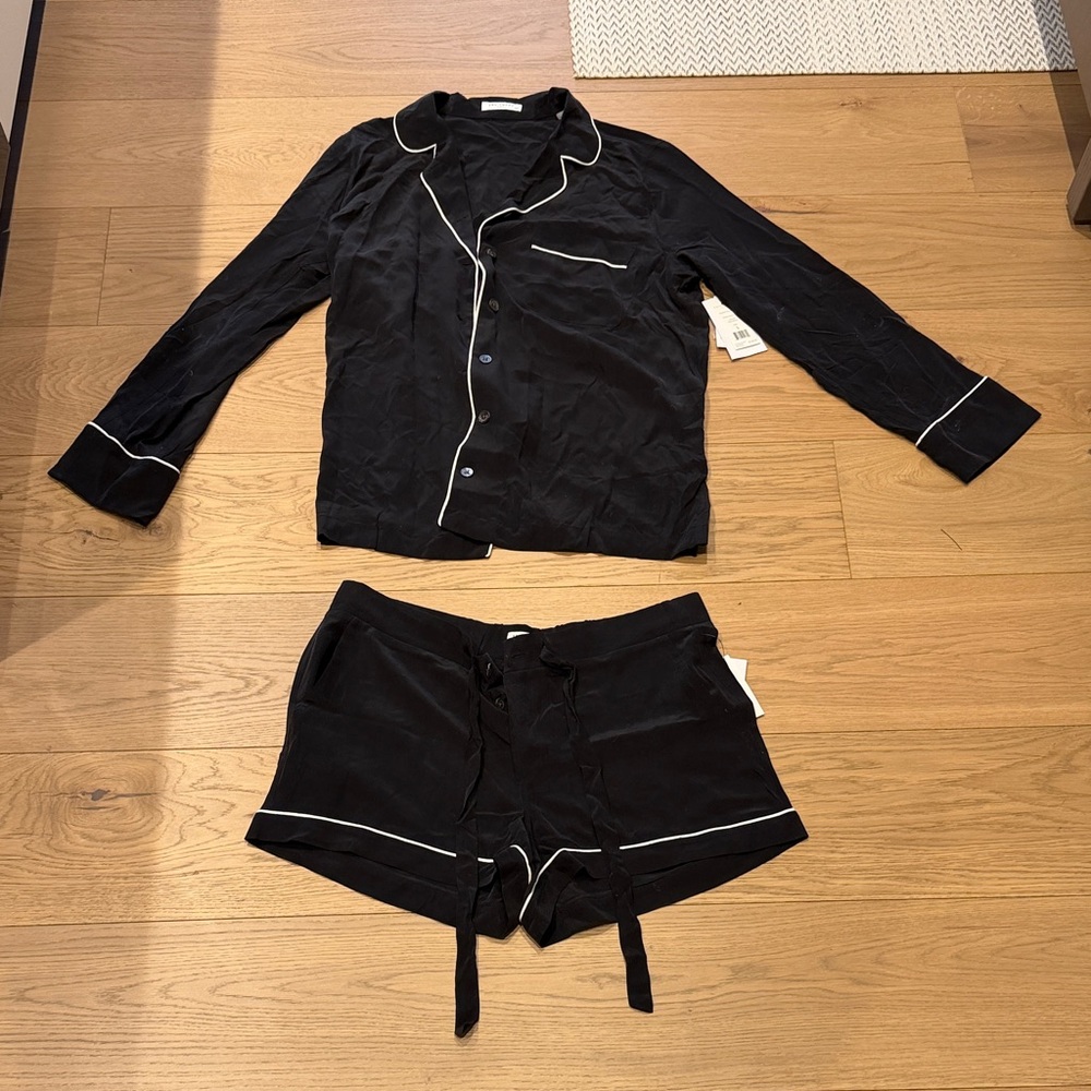 Equipment Silk Black Pajama Set with White Trim